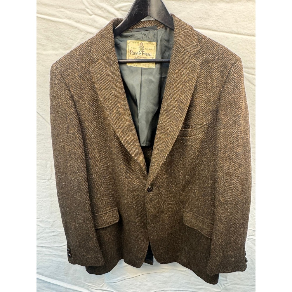 Harris Tweed Mens Brown Herringbone Wool Blazer Sport Coat Handwoven Scotland